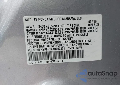 2019 Honda Passport Ex-L z USA, uszkodzony, nr VIN 5FNYF8H54KB007201